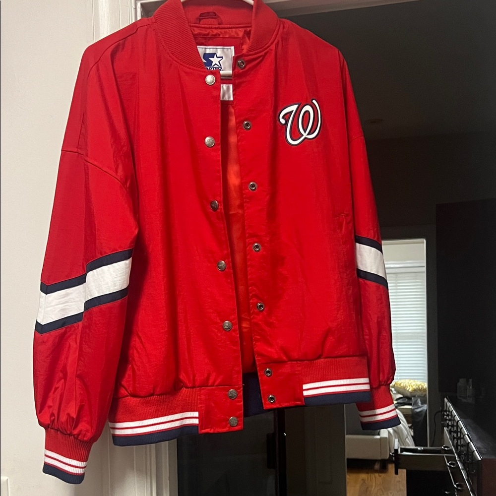STARTER Bold Red Bomber Jacket with White and Black Stripes